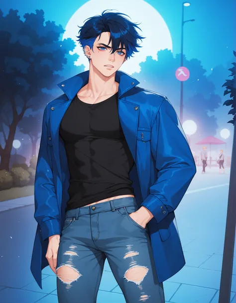 um jovem . Tousled and short hair, black with blue reflections, olhos cinza, pele clara. He has a long fringe of hair that covers part of his eyes, has several piercings in her ears, eyebrow piercings. He wears a long shirt, wide and black and simple, a pa...