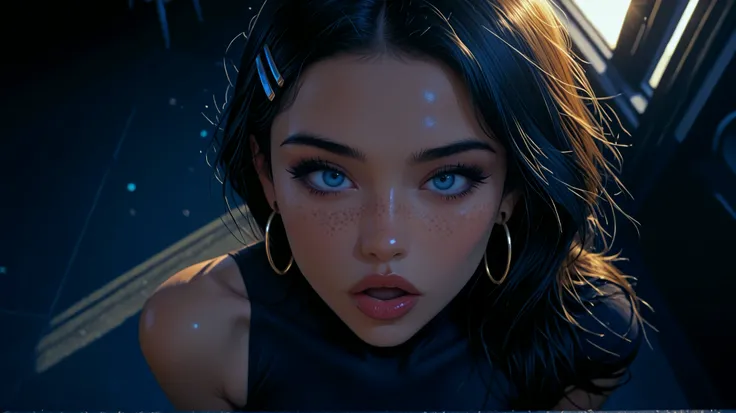 in a club, seductive open mouth, heavy eye makeup, tight shiny club dress, skinny, view from above, view from side, 1girl, Solo, High Resolution, looking at viewer, Bangs, Masterpiece, High Resolution, Anatomically Correct, Detail, High Details, High Qual...