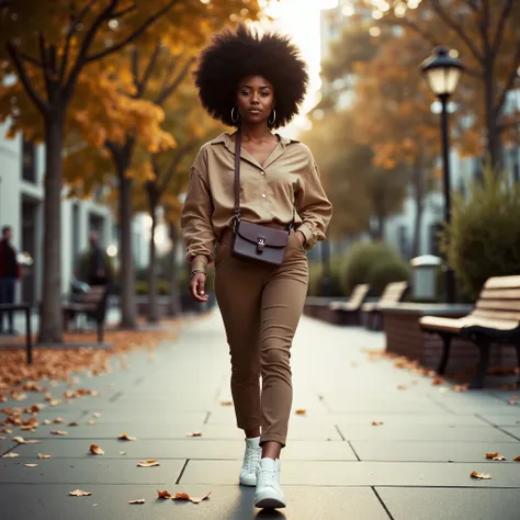 Generate an ultra-realistic, cinematic image of a young woman with voluminous natural afro hair walking confidently along a tree-lined sidewalk. The composition should be a medium shot, capturing her from the waist up, focusing on her confident facial exp...