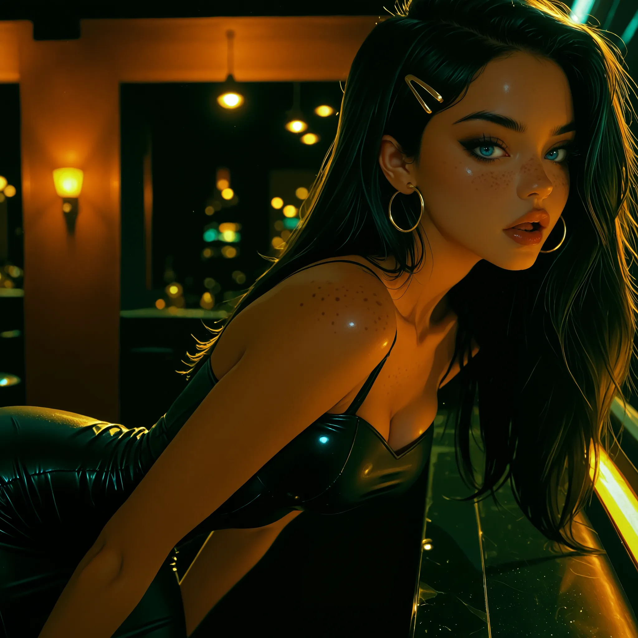 in a club, seductive open mouth, bending over leaning against bar, heavy eye makeup, tight shiny club dress, skinny, view from side, 1girl, Solo, High Resolution, looking at viewer, Bangs, Masterpiece, High Resolution, Anatomically Correct, Detail, High D...