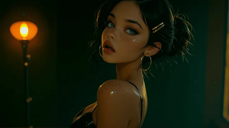 in a club, seductive open mouth, heavy eye makeup, tight shiny club dress, skinny, view from side, 1girl, Solo, High Resolution, looking at viewer, Bangs, Masterpiece, High Resolution, Anatomically Correct, Detail, High Details, High Quality, Hoop Earring...