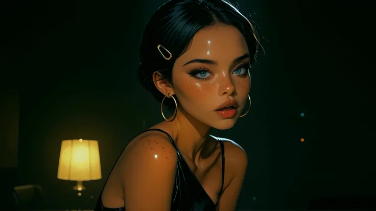in a club, seductive open mouth, heavy eye makeup, tight shiny club dress, skinny, view from side, 1girl, Solo, High Resolution, looking at viewer, Bangs, Masterpiece, High Resolution, Anatomically Correct, Detail, High Details, High Quality, Hoop Earring...