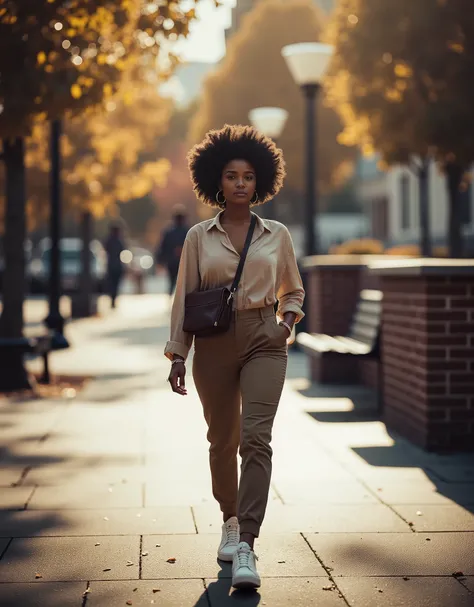 Generate an ultra-realistic, cinematic image of a young woman with voluminous natural afro hair walking confidently along a tree-lined sidewalk. The composition should be a medium shot, capturing her from the waist up, focusing on her confident facial exp...