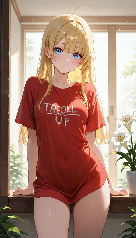high resolution images, masterpiece, Highest Quality, great quality, solo, 1 girl,Lily,small breasts,embarrassing、in the middle of changing clothes、ＴRoll up your shirt、The inner is visible