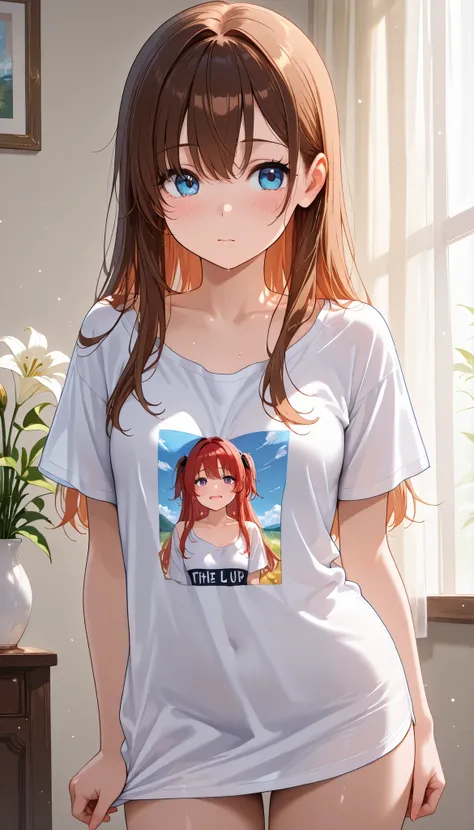 high resolution images, masterpiece, Highest Quality, great quality, solo, 1 girl,Lily,small breasts,embarrassing、in the middle of changing clothes、ＴRoll up your shirt、The inner is visible
