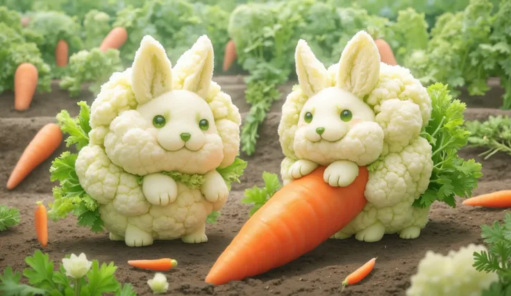Cauliflower bunnies, Vegetable garden background with carrot harvest,  luz suave