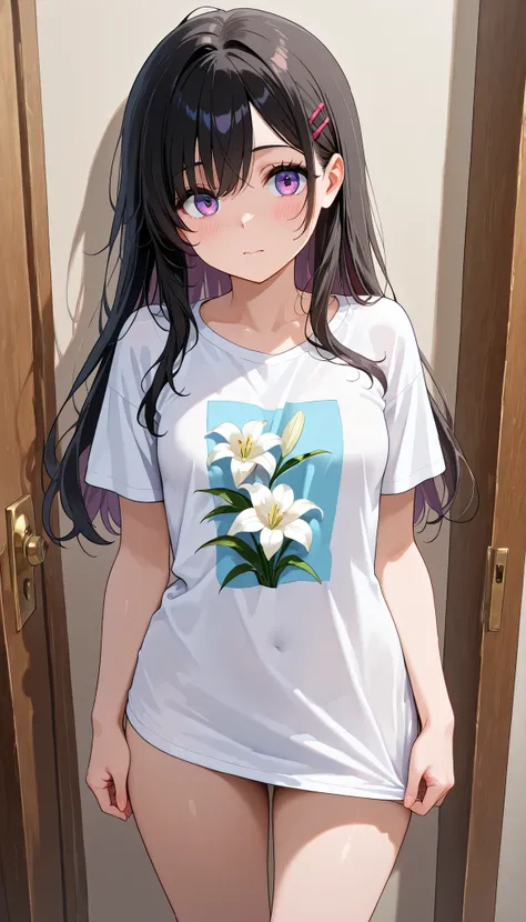 high resolution images, masterpiece, Highest Quality, great quality, solo, 1 girl,Lily,small breasts,embarrassing、in the middle of changing clothes、ＴRoll up your shirt、The inner is visible