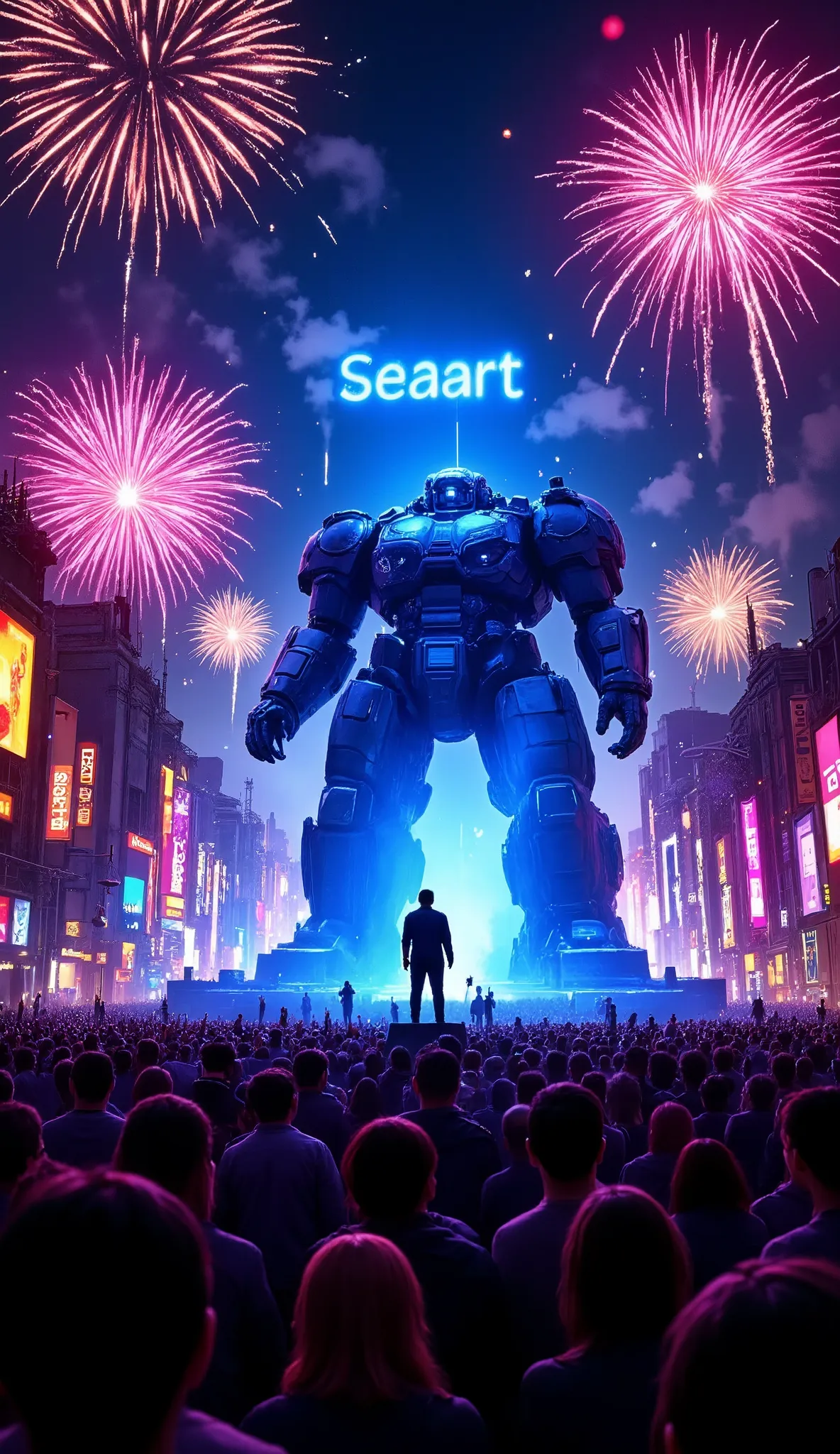( Imagine a large and colossal armed pack on the main avenue above the name written in the upper box (( SEAART)) In neon blue below singers performing and thousands of people , fireworks show intensely during the entire color light show together with the C...