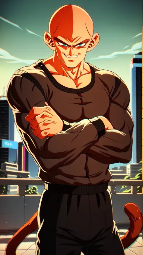 score_9, score_8_up, score_8,
 city, 
  sp4rk1ngz3r0, chromatic aberration, detailed background, 
Nappa DBZ character, bald Saiyan, male focus, solo, monkey tail, smirk, black loose track suit, muscular lean aura,