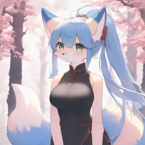 fox female shy blue , kemono , furry , Chinese style , forest , shy blue hair , ponytail , green eyes , slim , big breasts , two fluffy tails , cute , long legs, black Chinese clothing , watertight eyes , "highly detailed, soft light, anime style, pastel c...