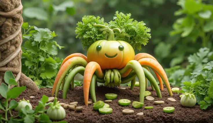 aranha,  made from vegetables, folhas, nabo, pods for the legs.