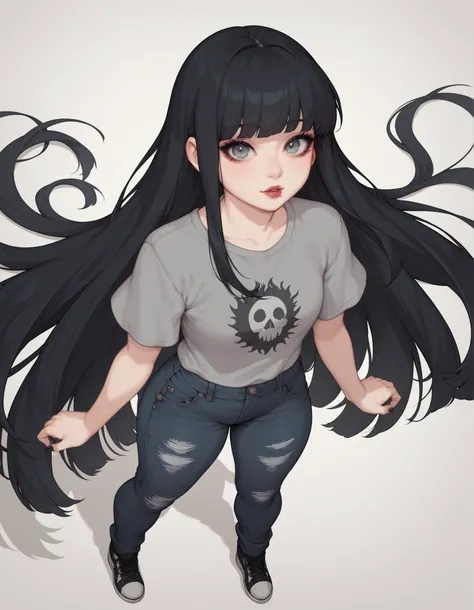 uma mulher. Long black hair with long fringe above the eyes, fair skin and black and gray eyes, she has a small dot under her right eye. She has a thin and tall body. She wears a gray blouse of the same eye color with short sleeves and dark jeans and black...