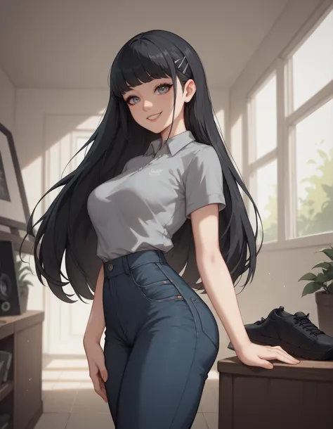 a young woman. Long black hair with long fringe above the eyes, fair skin and black and gray eyes, she has a small dot under her right eye. she has a thin body,  with a thin waist, medium breasts and small, thin butt. She wears a gray blouse the same color...
