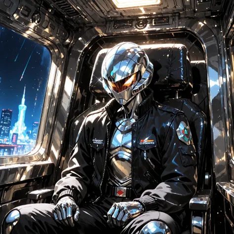80s anime cel art, retro manga style, line art, faceless android. Sleek chrome body with visible seams, sitting contemplative on a metal girder overlooking a sprawling, neon-drenched megacity at night. Wears a worn pilot jacket draped over its shoulders. L...