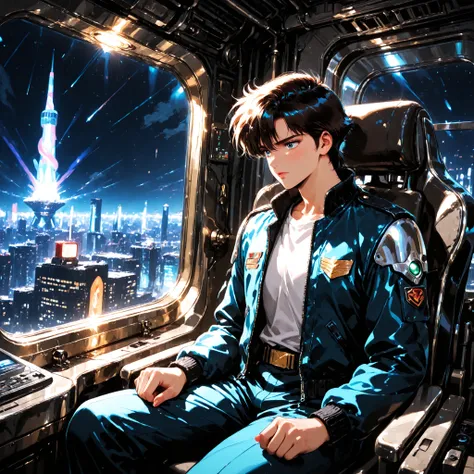 80s anime cel art, retro manga style, line art, faceless android. Sleek chrome body with visible seams, sitting contemplative on a metal girder overlooking a sprawling, neon-drenched megacity at night. Wears a worn pilot jacket draped over its shoulders. L...
