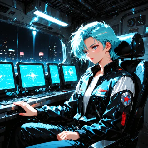 80s anime cel art, retro manga style, line art, faceless android. Sleek chrome body with visible seams, sitting contemplative on a metal girder overlooking a sprawling, neon-drenched megacity at night. Wears a worn pilot jacket draped over its shoulders. L...