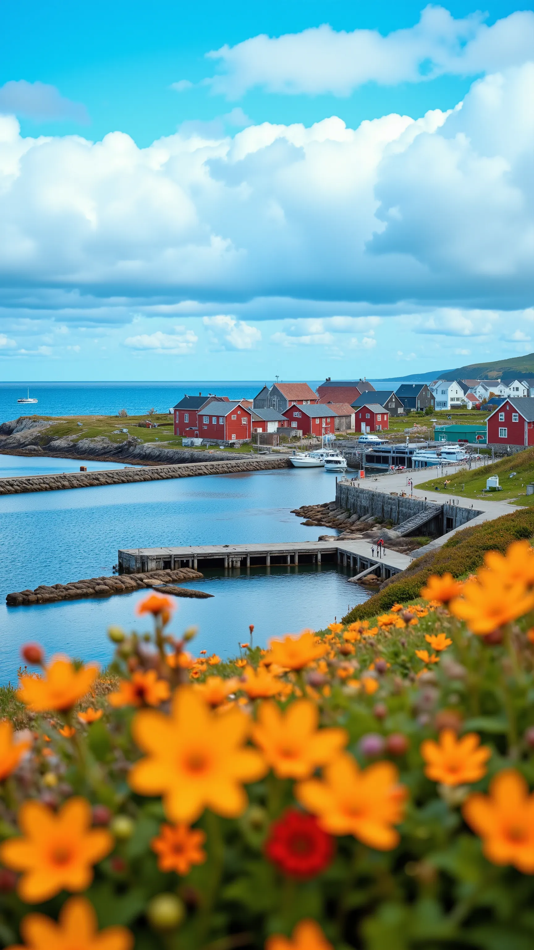 masterpiece、Highest Quality、Detailed 8K Wallpaper、scenery、起伏の激しい漁村のscenery画像、Colorful wild flowers、Fishing Village and Ocean Views、nature、Red, Blue, and Green Swedish House Fishing Village Facing the Sea、Fishing Boats and Harbors、Blue Sky That Seems to Pass Through、depth of field、high resolution、photorealism、Very Detailed Live Action Images、high detail、Dramatic、