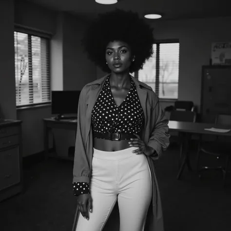 A hyper-realistic, cinematic portrait of a fierce, stylish woman from the 1970s Blaxploitation era. She stands confidently in a dimly lit, vintage police office, holding a trench coat casually over one shoulder while gripping the handle of a revolver holst...