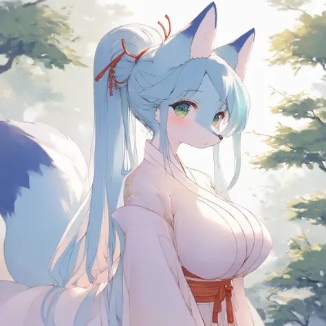 fox female shy blue , kemono , furry , Chinese style , forest , shy blue hair , ponytail , green eyes , slim , big breasts , two fluffy tails , cute , long legs, white Tang dynasty Hanfu, court lady dress , watertight eyes , "highly detailed, soft light, a...