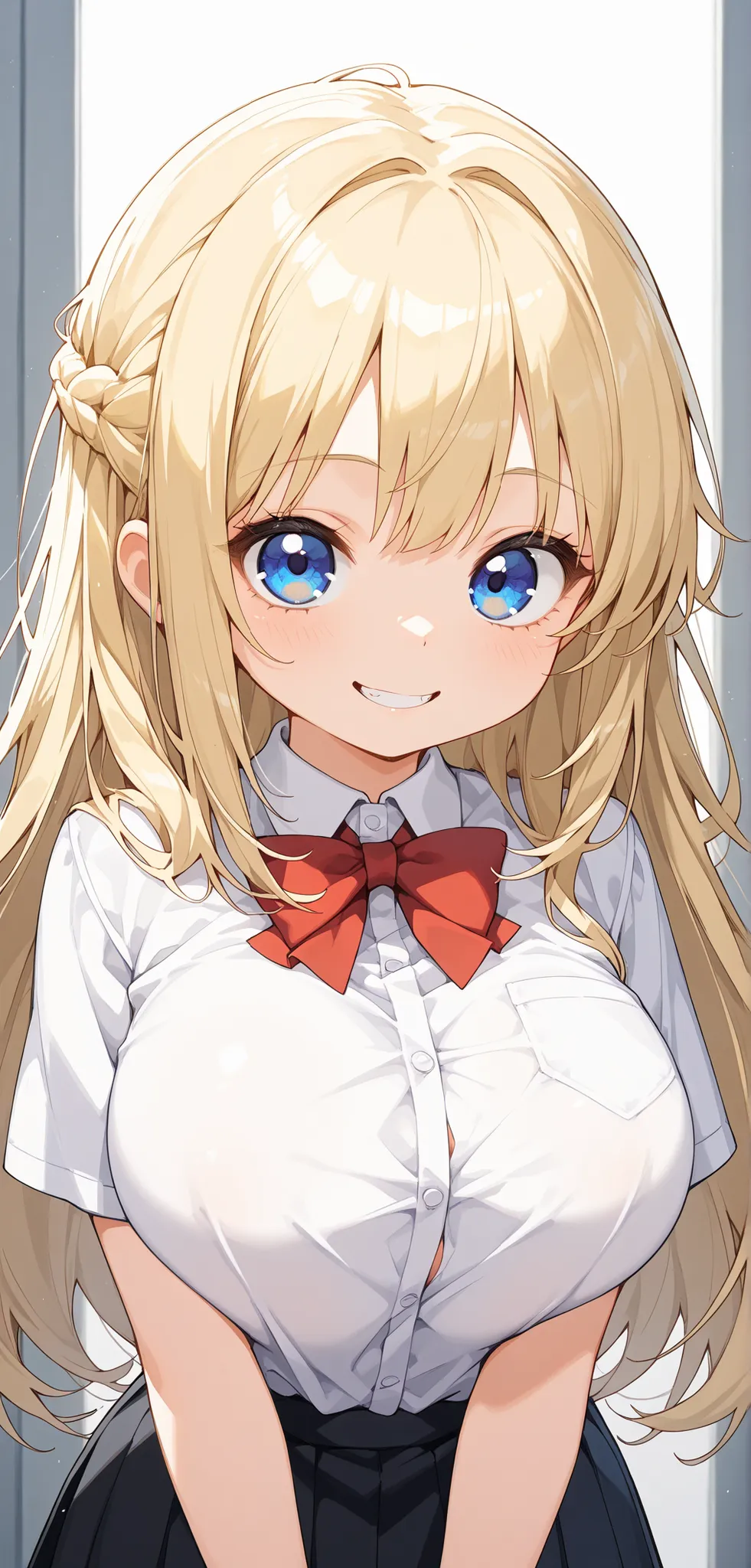 masterpiece, ultra detailed, cute girl, blonde hairstyle, big eyes, big head, solo, large breast, 女子高生, JK uniform, scornful expression, メスガキ