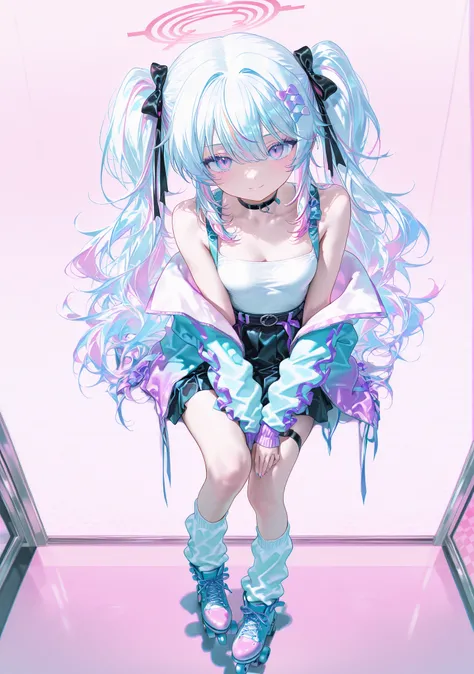masterpiece,Highest Quality , newest , safe, beautiful woman in silya room 、Diner、colorful、 Roller Skates 、retro colors、long hair、twin tails、loose socks、gal、Medium chest、full body、Complex pose、viewed from above、Overlooking、 pop