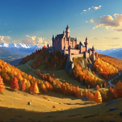 massive landscape, centered on lone castle, fantasy, digital painting style, realistic shadows, iray, massive autumn forests, detailed mountains, (cold autumn evening:1), twilight, 8k, 16k, highly Detailed, clear sky, fogless, masterpiece, Panorama, wide s...
