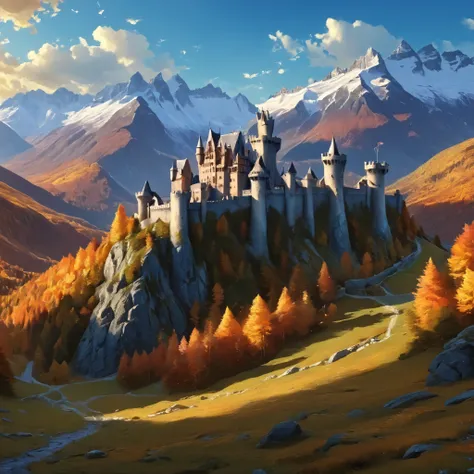 closed-up of lone castle, massive landscape, fantasy, digital painting style, realistic shadows, iray, massive autumn forests, detailed mountains, (cold autumn evening:1), twilight, 8k, 16k, highly Detailed, clear sky, fogless, masterpiece, Panorama, wide ...