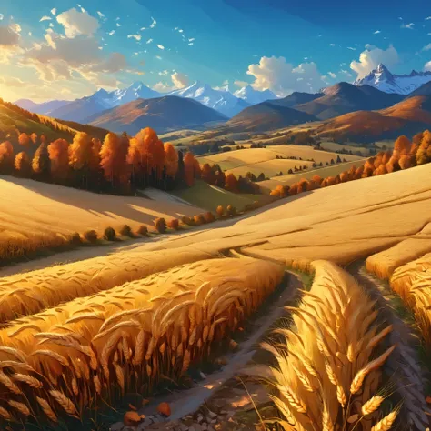 closed-up of wheat field, massive landscape, fantasy, digital painting style, realistic shadows, iray, massive autumn forests, detailed mountains, (cold autumn evening:1), twilight, 8k, 16k, highly Detailed, clear sky, fogless, masterpiece, Panorama, wide ...