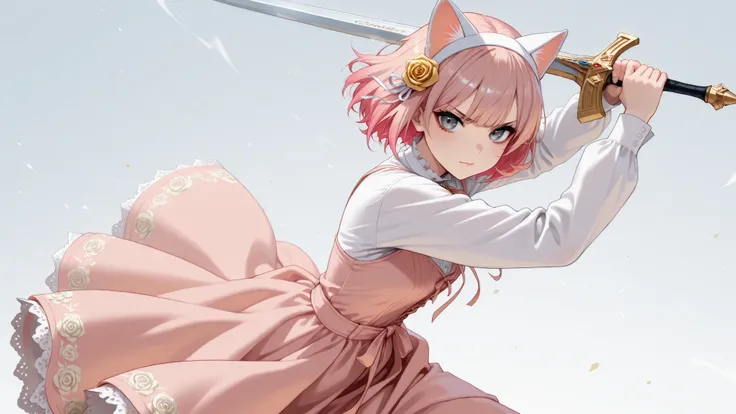 principal classificado no pixiv, dress up darling style, ((1girl)), ((yellowish rose pink hair)), ((yellowish rose pink cat ears)) short hair, tidy hair, chanel hair, front fringe, straight fringe, ((white hairband)), long cat ears, blueish grey eyes, (mas...