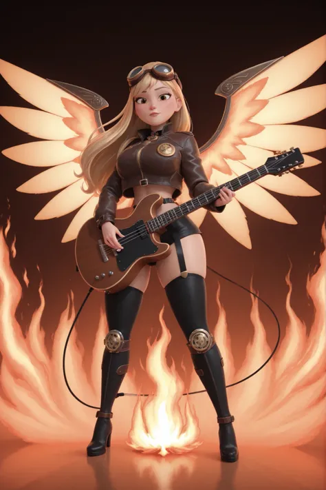 (european woman)(steampunk)(blonde long hair)(goggles)(lether jacket)(steel pauldors)(playing electro guitar)(iron wings,1.5)(flames)(burning background)