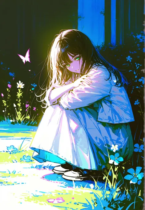 best quality,masterpiece,absurdres,newest,(narrative-rich composition:1.3),(environmental shot:1.3), 1girl,full body,skirt,long hair,light simle,light,Floating flower,wet clothes,flowers,butterfly,blue theme,an extremely delicate and beautiful girl, ,dayli...