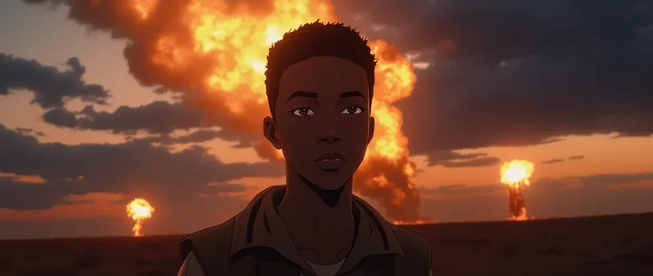 Large explosions on the horizon.; Imagine a black boy in the foreground, with an expression of hope and sadness at the same time, looking up at the dark sky, heavy with clouds. On the horizon, bombs fall, exploding and illuminating the sky with intense and...