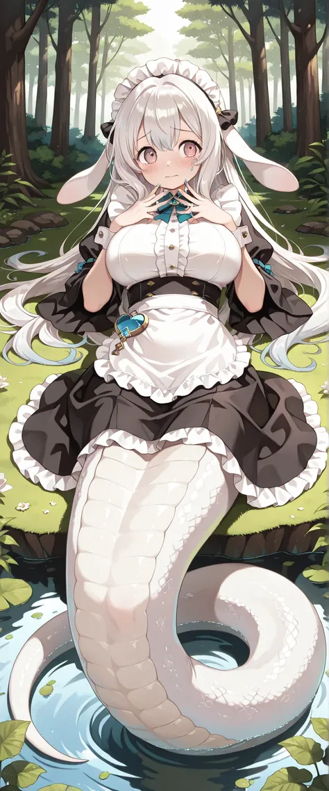 1 girl, Big breasts, malice pawn malice pawn march hare,alone, blush,White hair ,maid outfits,(forest:1.2),full body photo,   masterpiece,Up to,Premium Quality,is very beautiful,Ridiculous,( full five fingers),Lamia,White snake girl tail,shy,Water stains o...