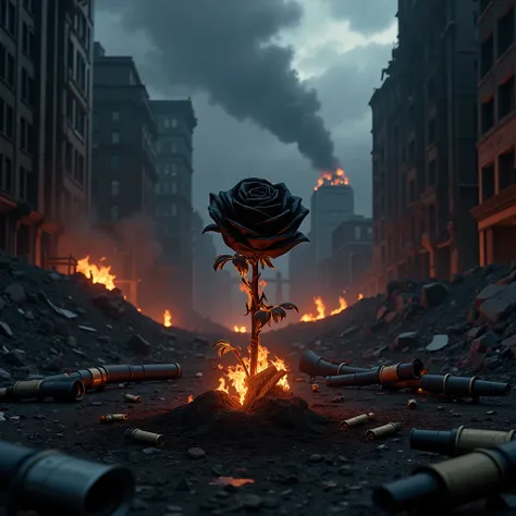 Cartoon movie; New York a Noite; a black rose burning, destroyed, Emergence from the rubble , Grenades exploded on the ground; Firearm capsules on the floor; In the foreground; ao fundo uma cidade destroyed. Fire smoke in the background. bottom up view. Co...