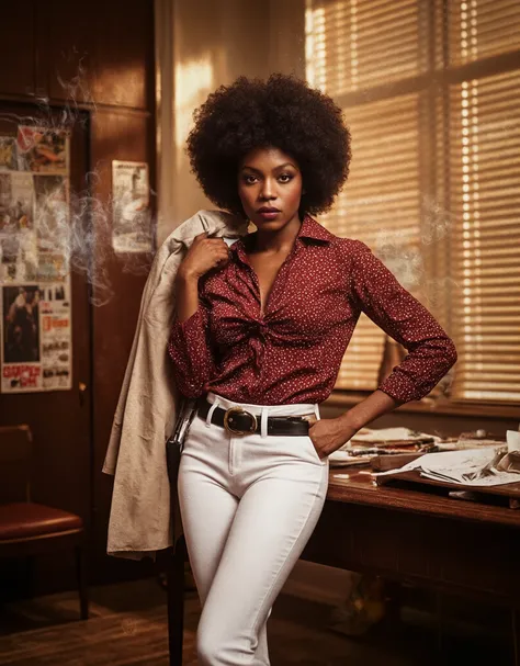 A hyper-realistic, cinematic portrait of a fierce, stylish woman from the 1970s Blaxploitation era. She stands confidently in a vintage police office, holding a beige trench coat casually over one shoulder while gripping the handle of a silver revolver ho...