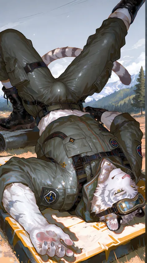 furry的雄性, (alone)， white tiger，( Male XX :1.5), ( white skin:1.3), furry，( white fur :1.3),(( Golden pupil))，(black ears),(furry 动物 耳朵s)，，tall and strong body，lipoid muscle，Big Guy，muscles，is wearing gray cargo pants，white shirt，dark grey work jacket，wears...