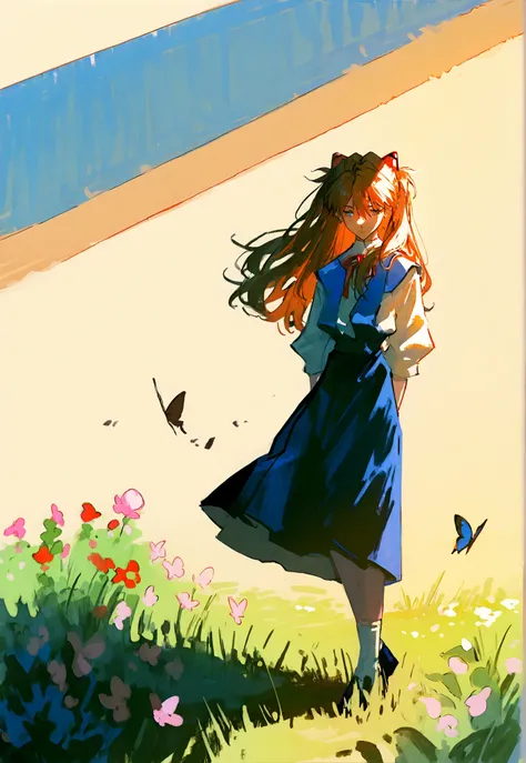 best quality,masterpiece,absurdres,newest,(narrative-rich composition:1.3),(environmental shot:1.3), 1girl,asuka langley,full body,skirt,long hair,light simle,light,flowers,butterfly,an extremely delicate and beautiful girl,beautiful detailed shadow,best s...