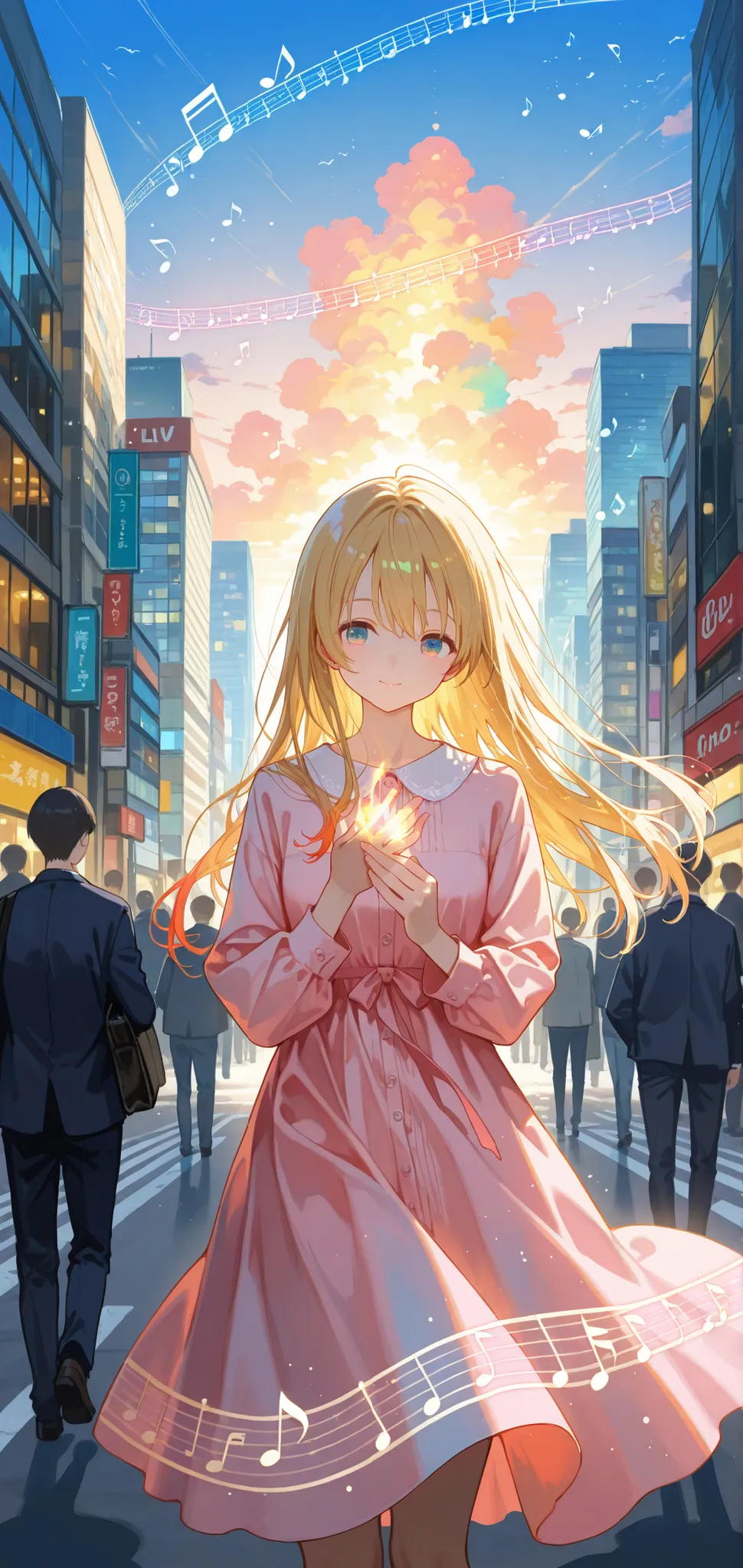 high quality,4K,Detailed digital painting,Musical note girl and city,Girl standing on the city street,exquisite face,soft expression,Musical notes in hand,Wearing a pink dress,long hair flowing,Surrounded by tall buildings in the city, the sky is blue,sunn...