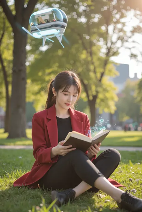 A young woman on her day off, relaxing peacefully in a park in a futuristic city. She is wearing a casual outfit, a red coat, black shoes, a black inner shirt. A coffee-serving robot, an autonomous flying vehicle fly through the sky, and digital trees emit...