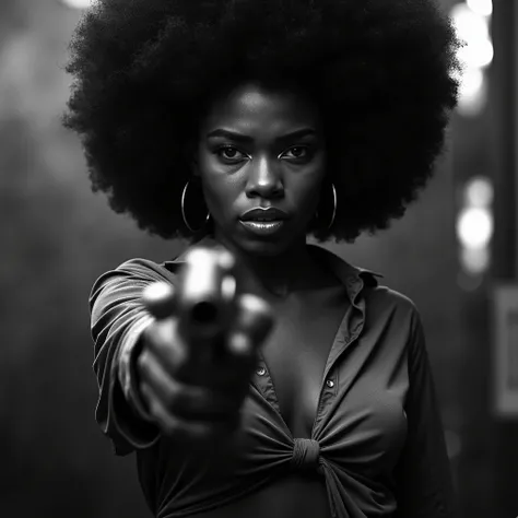 An ultra-realistic, cinematic close-up black-and-white portrait of a fierce woman from the 1970s Blaxploitation era. Her intense, commanding eyes lock directly onto the camera, radiating raw power and unshakable confidence. In the foreground, slightly blur...