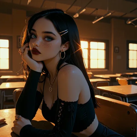 goth girl, in school lunchroom, sitting at table, long black hair, goth outfit, spaghetti strap lace top, rings, goth necklace, skinny, view from side, goth makeup, 1girl, Solo, High Resolution, looking at viewer, Bangs, Masterpiece, High Resolution, Anat...