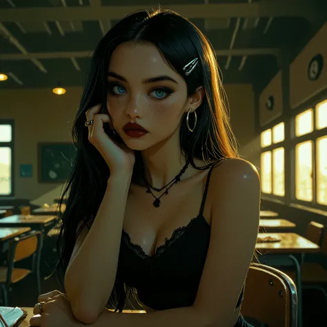 goth girl, in school lunchroom, sitting at table, long black hair, goth outfit, spaghetti strap lace top, rings, goth necklace, skinny, view from side, goth makeup, 1girl, Solo, High Resolution, looking at viewer, Bangs, Masterpiece, High Resolution, Anat...