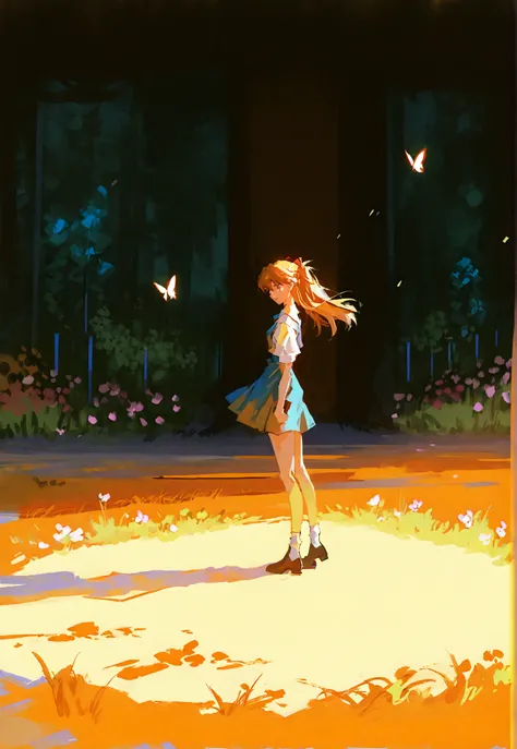 best quality,masterpiece,absurdres,newest,(narrative-rich composition:1.3),(environmental shot:1.3), 1girl,asuka langley,full body,standing,epic pose,skirt,long hair,light simle,light,flowers,butterfly,an extremely delicate and beautiful girl,beautiful det...