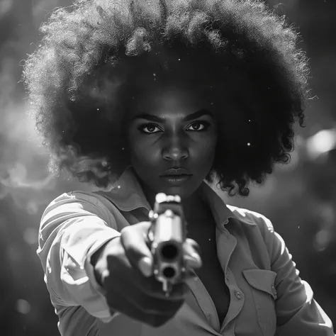 An ultra-realistic, cinematic close-up black-and-white portrait of a fierce woman from the 1970s Blaxploitation era. Her intense, commanding eyes lock directly onto the camera, radiating raw power and unshakable confidence. In the foreground, slightly blur...