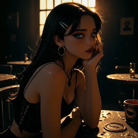 goth girl, in cafateria, black nails, sitting at table, long black hair, goth outfit, spaghetti strap lace top, rings, goth necklace, skinny, view from side, heavy goth makeup, sad look, 1girl, Solo, High Resolution, looking at viewer, Bangs, Masterpiece,...