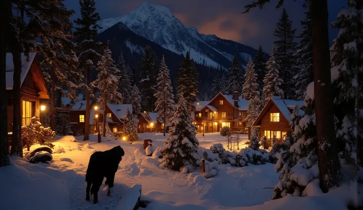 cross scene, with high contrast neutral dark night highlighting warm winter scenes with autumn tones. A quiet snowy pine forest surrounded by snow-covered pine trees and many houses sparkling with night lights emitting warm light. Earthy tones and cozy col...