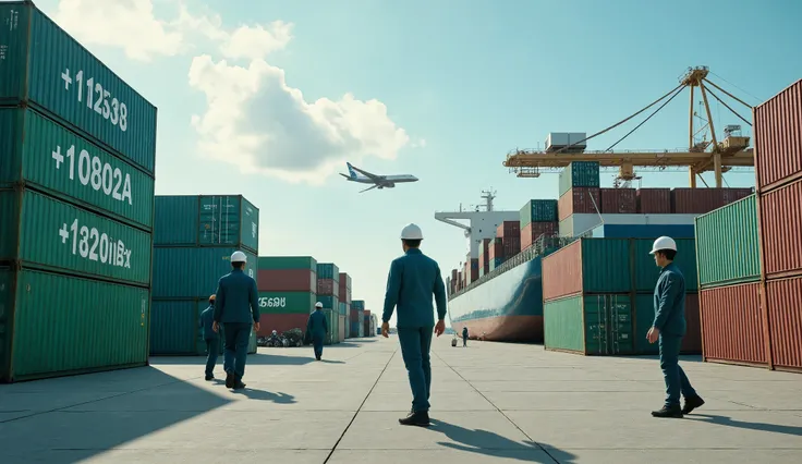 A cinematic ultra-realistic high-resolution photo capturing a dynamic logistics hub where cargo containers, modern cargo ships, airplanes, and professional staff are all working together in perfect coordination. In the foreground, logistics workers wearing...