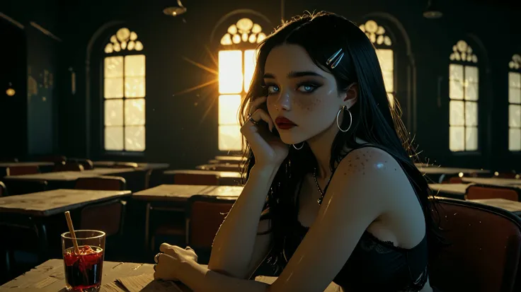 goth girl, in lunchroom, black nails, sitting at table, long black hair, goth outfit, spaghetti strap lace top, rings, goth necklace, skinny, view from side, heavy goth makeup, sad look, 1girl, Solo, High Resolution, looking at viewer, Bangs, Masterpiece,...