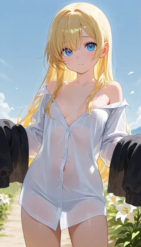 high resolution images, masterpiece, Highest Quality, great quality, solo, 1 girl,Lily,small breasts,embarrassing、in the middle of changing clothes、ＴRoll up your shirt、The inner is visible