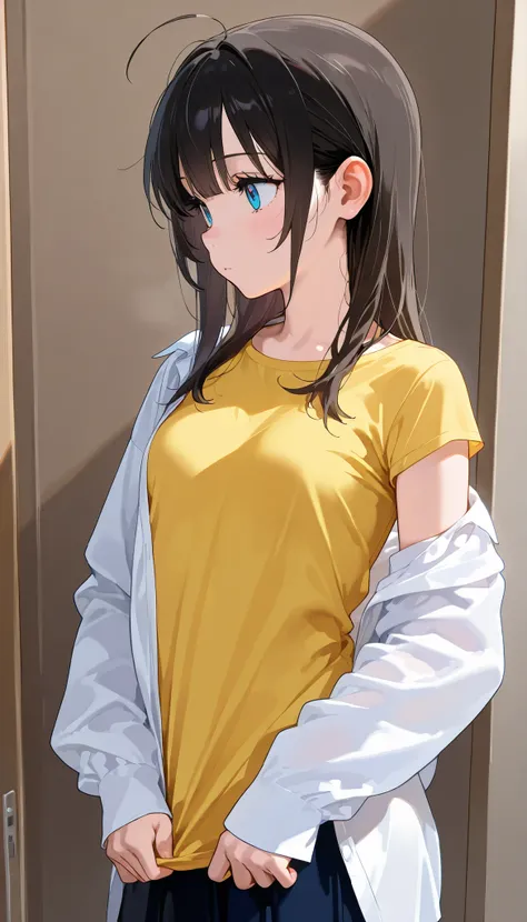 high resolution images, masterpiece, Highest Quality, great quality, solo, 1 girl,Lily,small breasts,embarrassing、in the middle of changing clothes、ＴRoll up your shirt、The inner is visible
